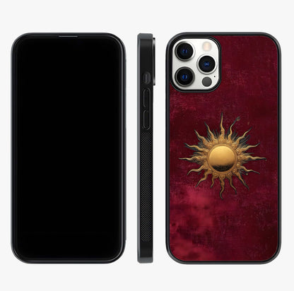 Gold Sun Blush Glass Case displayed upright for full design visibility and premium finish.