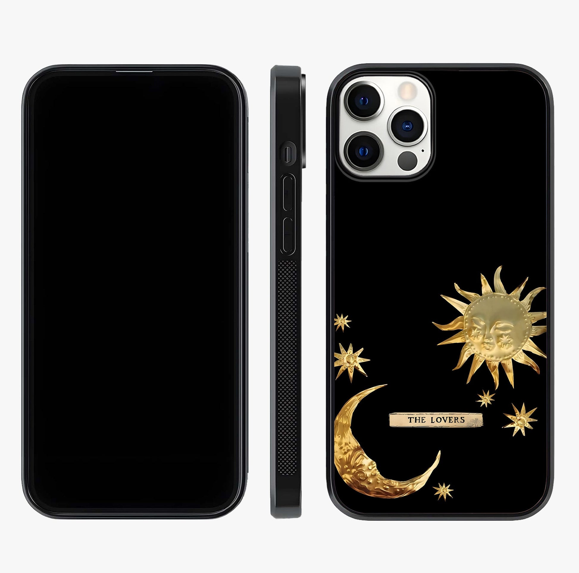 Golden Celestial Charm Glass Case displayed upright for full design visibility and premium finish.