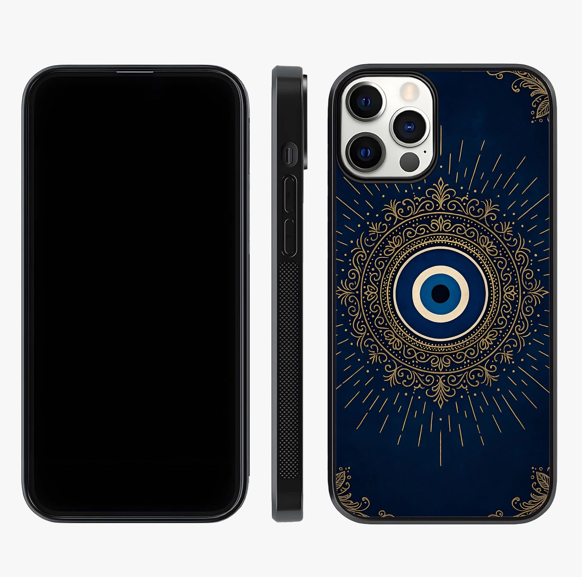 Golden Evil Eye Mandala Glass Case displayed upright for full design visibility and premium finish.