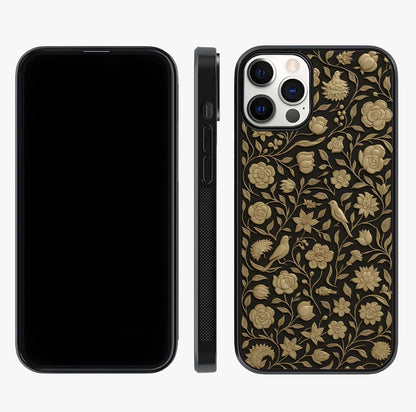 Golden Floral Majesty Glass Case displayed upright for full design visibility and premium finish.