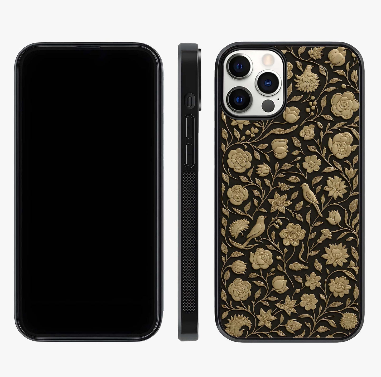 Golden Floral Majesty Glass Case displayed upright for full design visibility and premium finish.