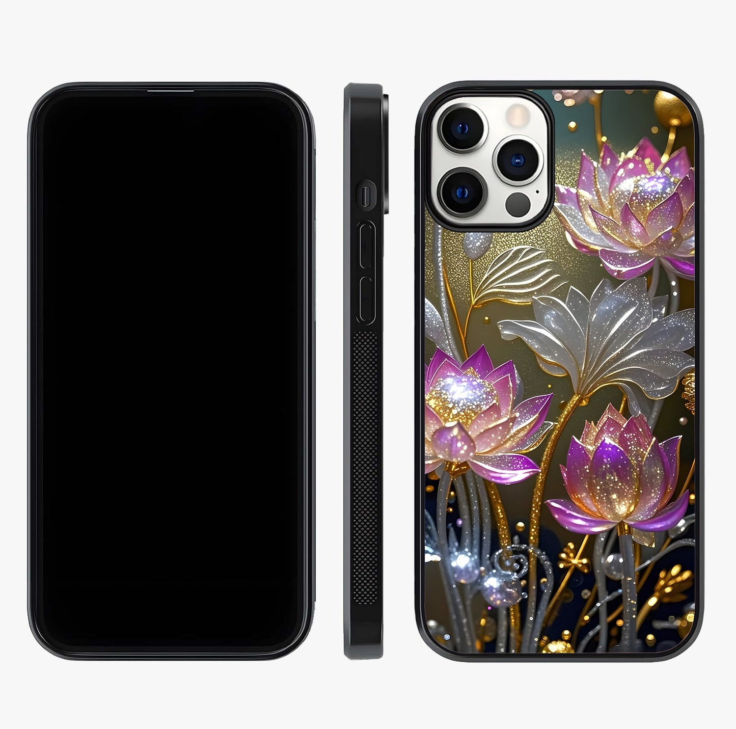 Golden Lotus Glow Glass Case displayed upright for full design visibility and premium finish.