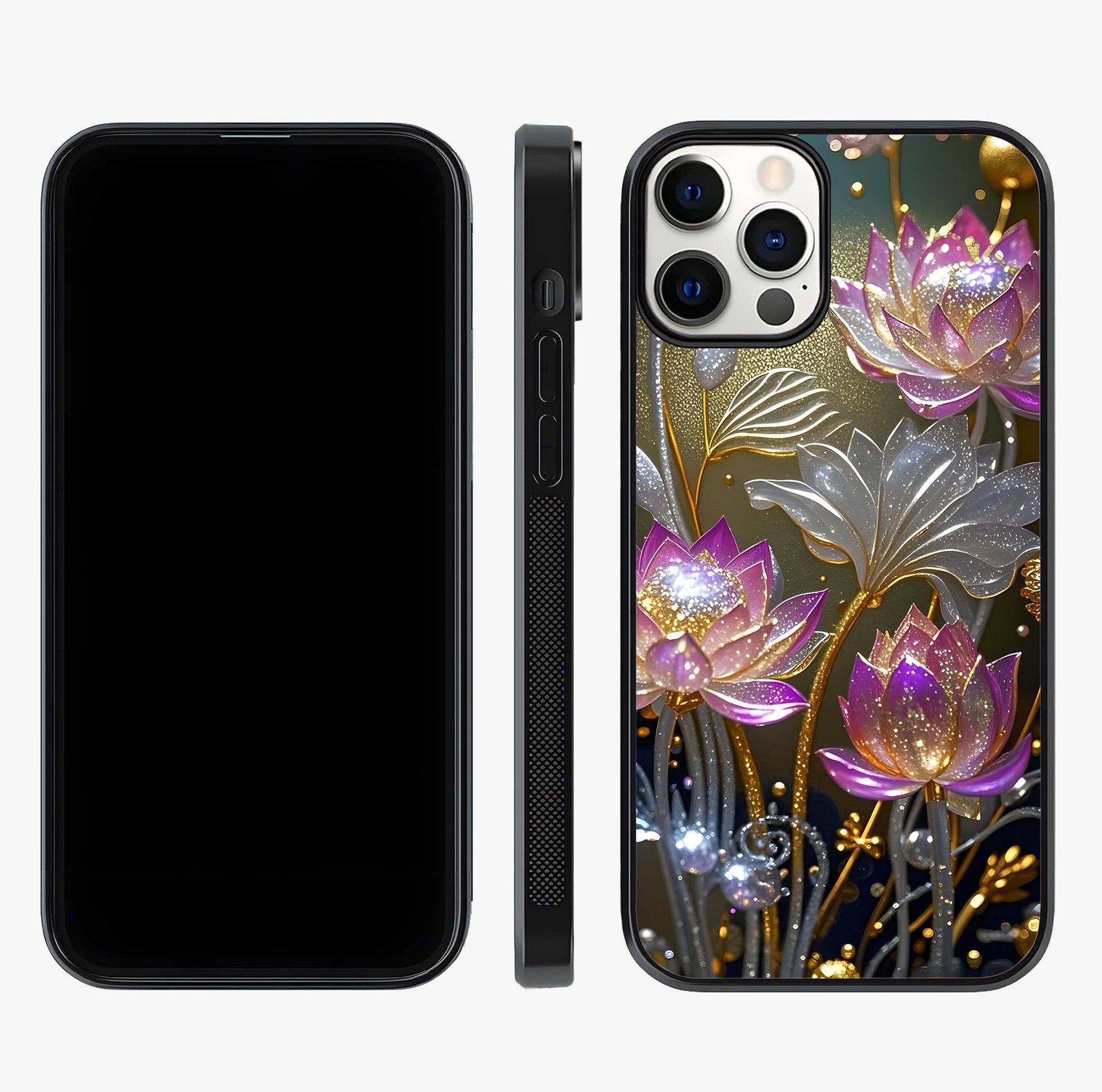 Golden Lotus Glow Glass Case displayed upright for full design visibility and premium finish.