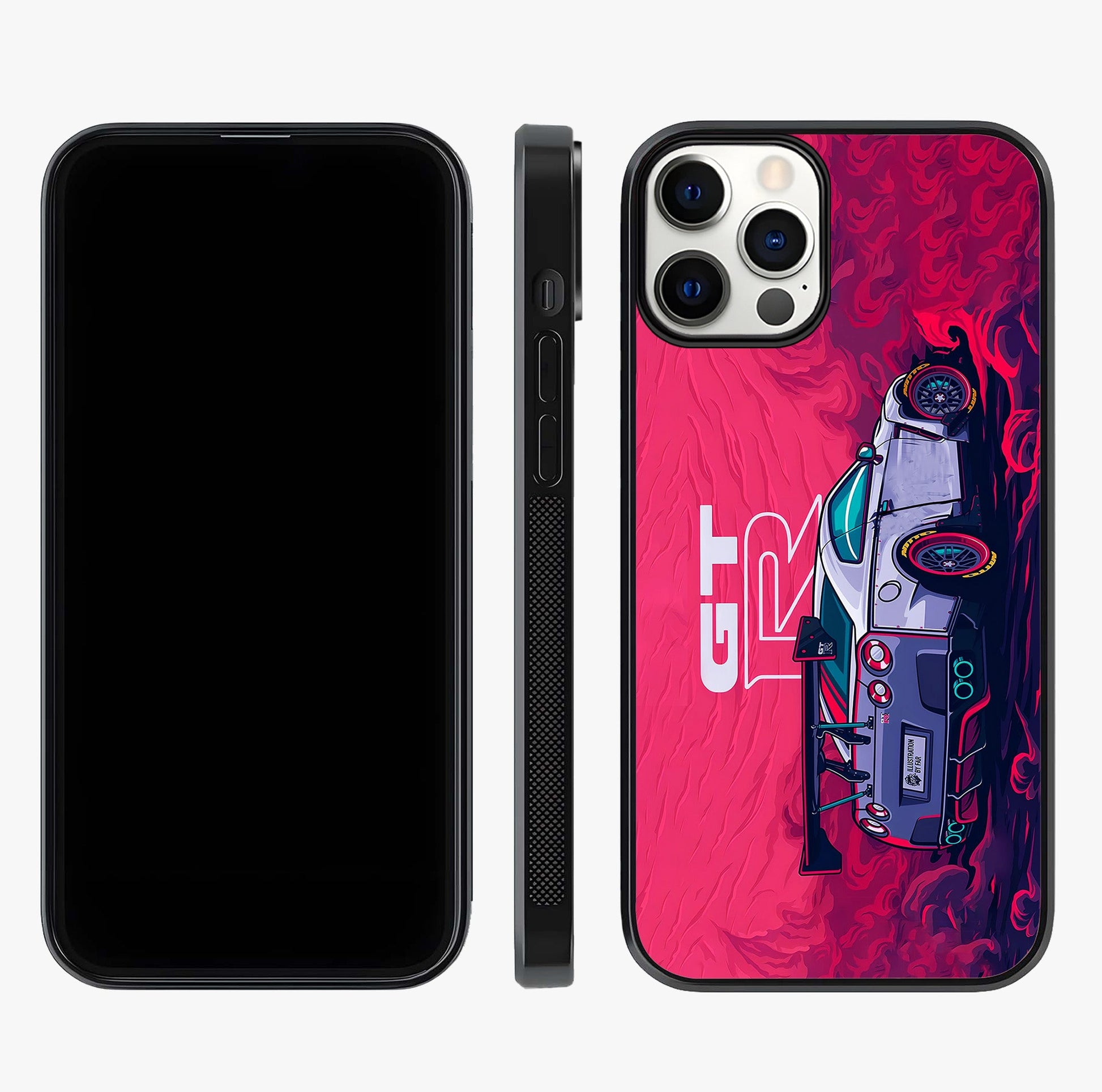 GT R Car Pattern Glass Case displayed upright for full design visibility and premium finish.