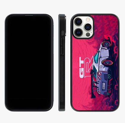 GT R Car Pattern Glass Case displayed upright for full design visibility and premium finish.
