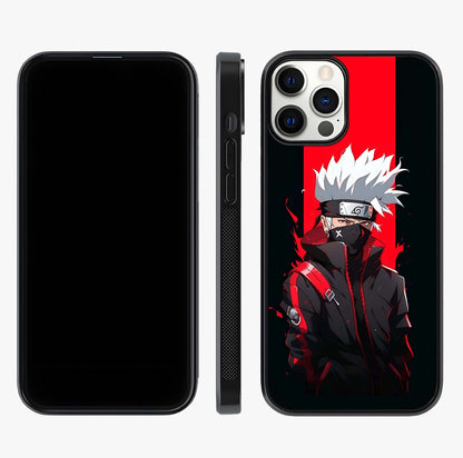 Kakashi Scarlet Shadow Glass Case displayed upright for full design visibility and premium finish.