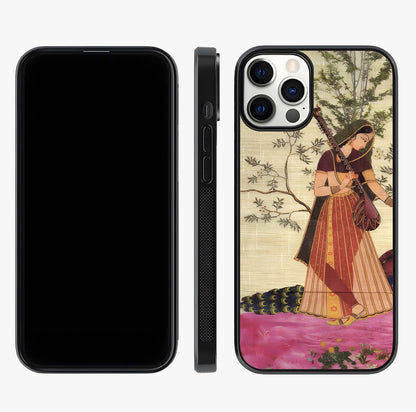 Lady With Veena Art Glass Case displayed upright for full design visibility and premium finish.