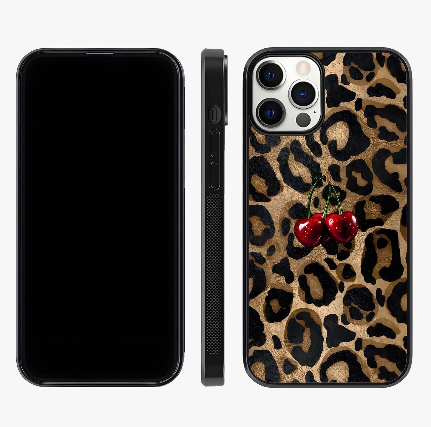Leopard Wild Cherry Glass Case displayed upright for full design visibility and premium finish.