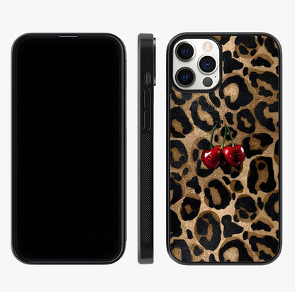 Leopard Wild Cherry Glass Case displayed upright for full design visibility and premium finish.