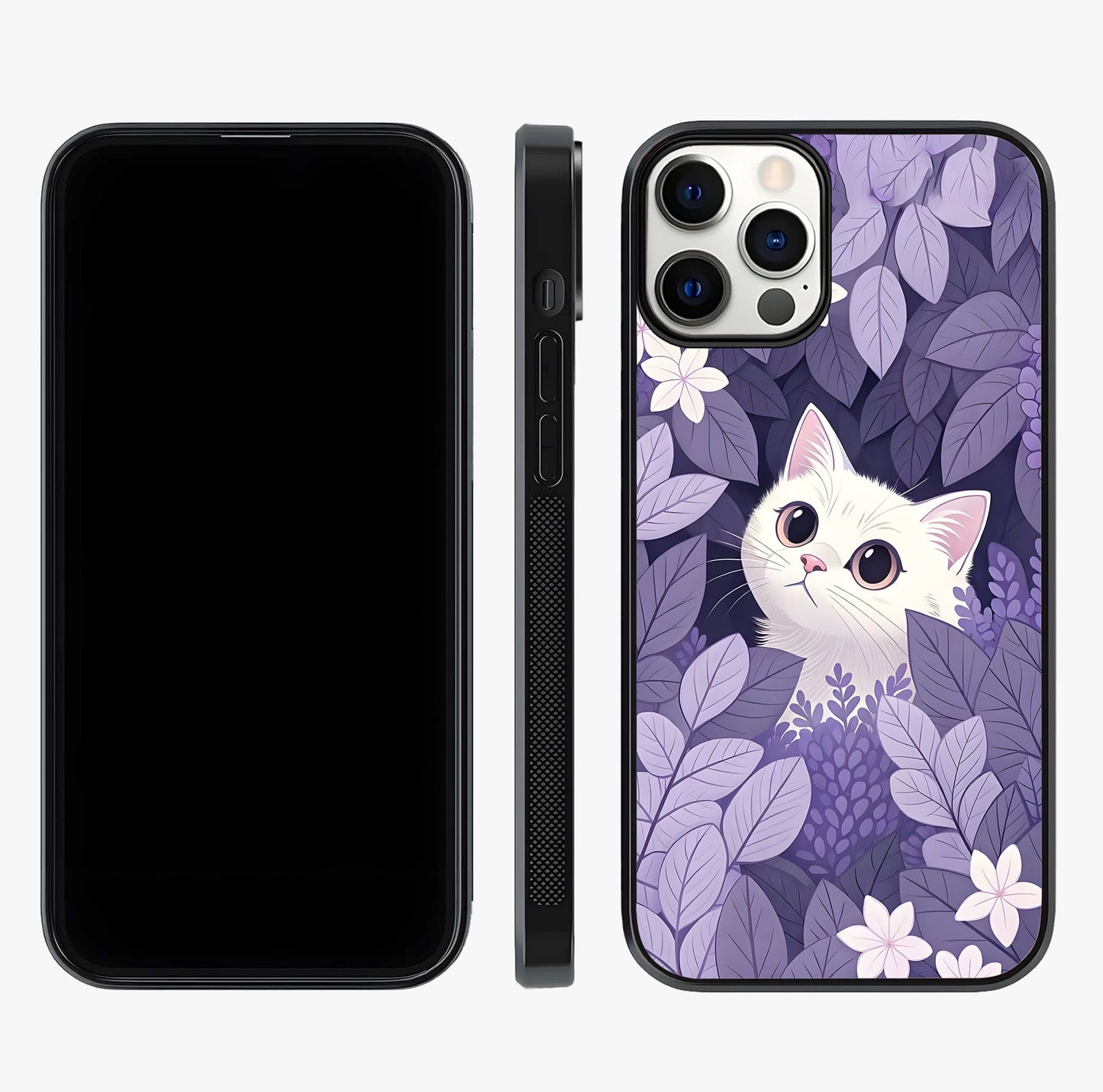 Lilac Hide Peek Cat Glass Case displayed upright for full design visibility and premium finish.