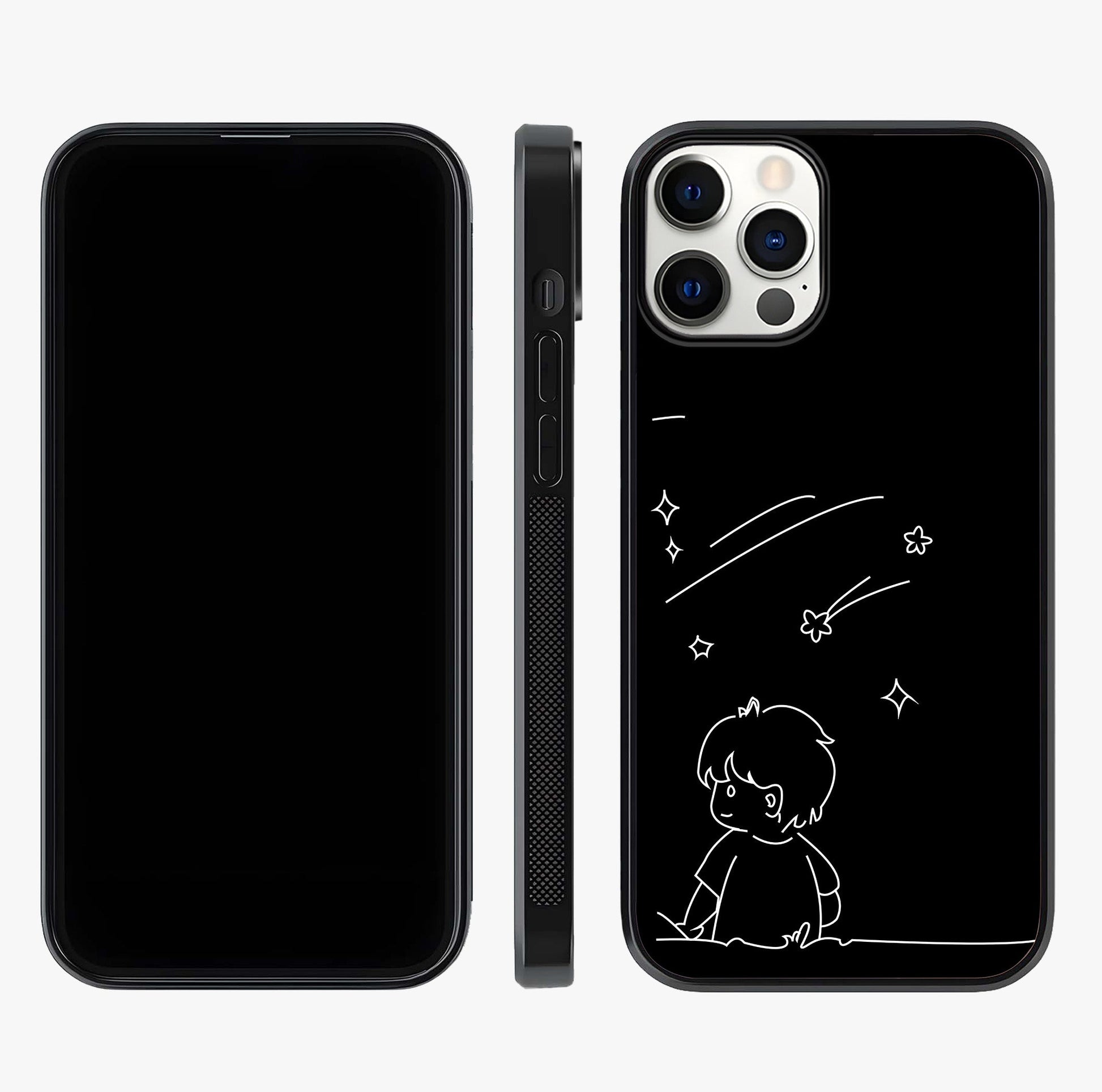 Line Art Boy With Shooting Stars Glass Case displayed upright for full design visibility and premium finish.