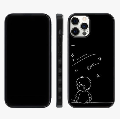 Line Art Boy With Shooting Stars Glass Case displayed upright for full design visibility and premium finish.