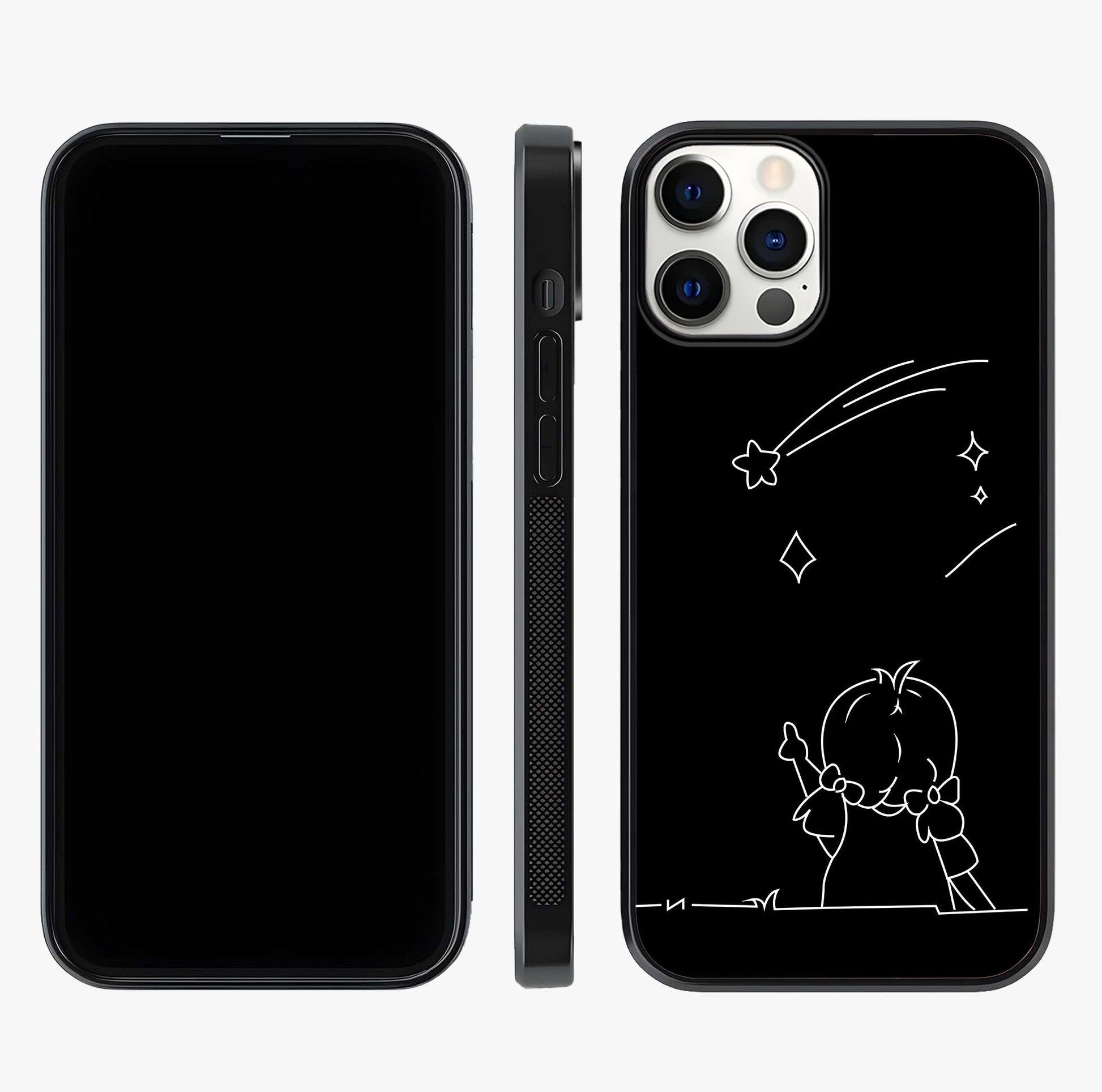 Line Art Girl With Shooting Stars Glass Case displayed upright for full design visibility and premium finish.