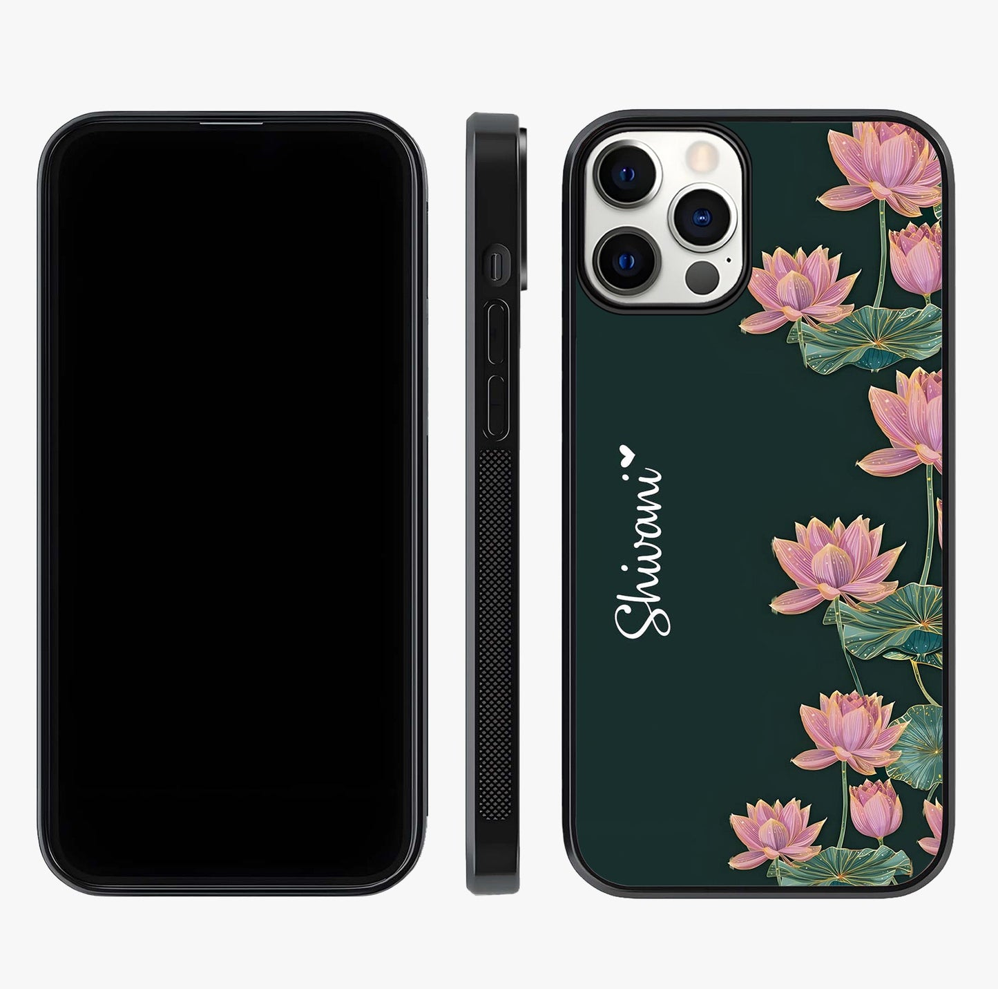 Lotus Bloom Serenity Custom Name Glass Case displayed upright for full design visibility and premium finish.