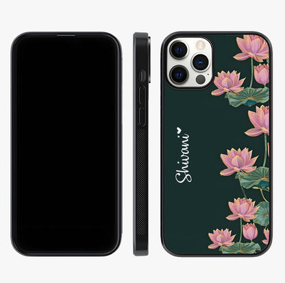 Lotus Bloom Serenity Custom Name Glass Case displayed upright for full design visibility and premium finish.