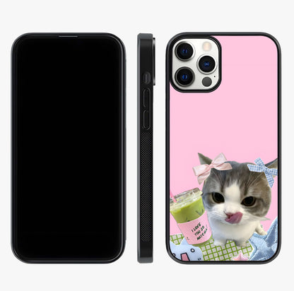 Love Matcha Cat Glass Case displayed upright for full design visibility and premium finish.