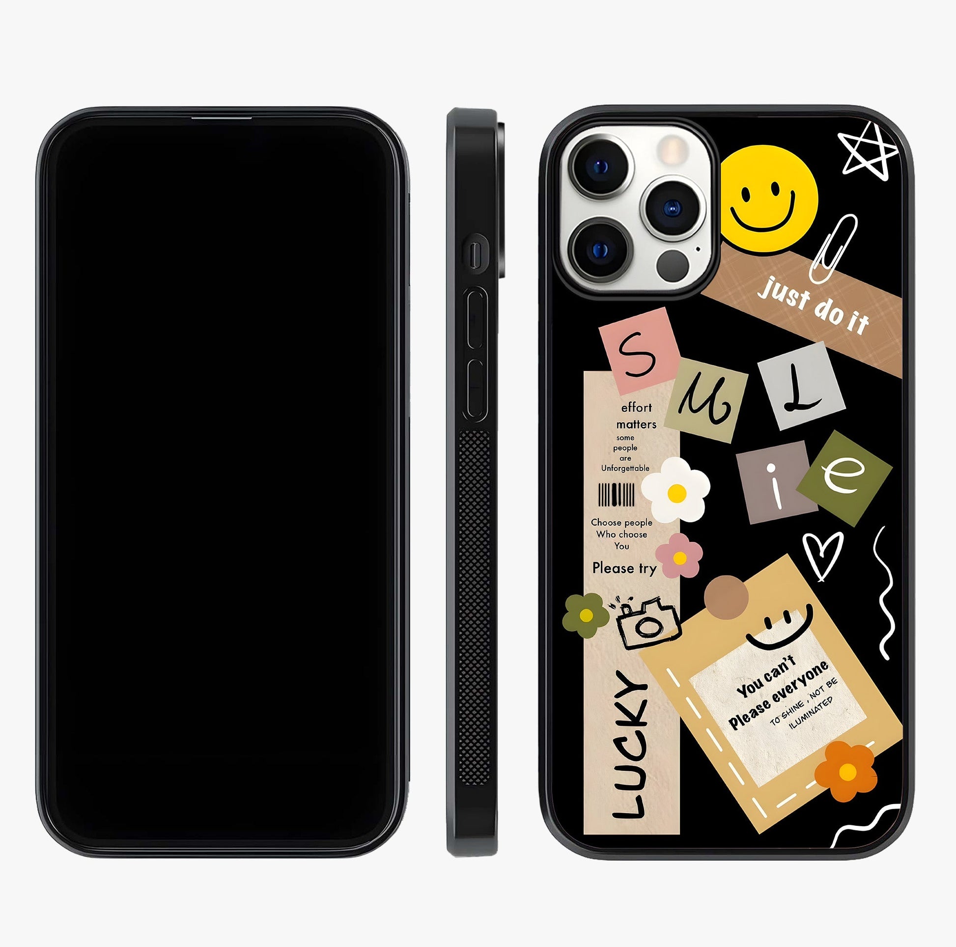 Lucky Aesthetic Collage Glass Case displayed upright for full design visibility and premium finish.