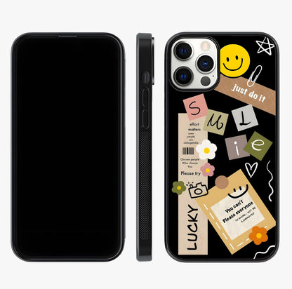 Lucky Aesthetic Collage Glass Case displayed upright for full design visibility and premium finish.
