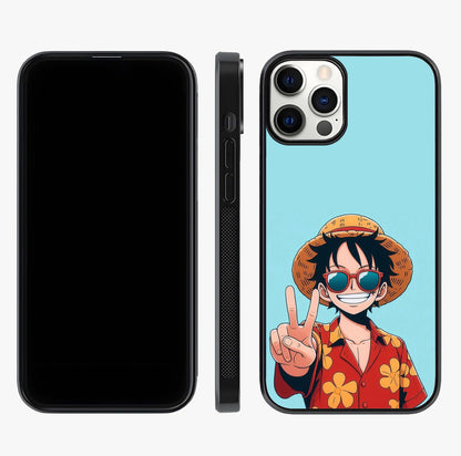 Luffy Summer Anime Vibe Glass Case displayed upright for full design visibility and premium finish.