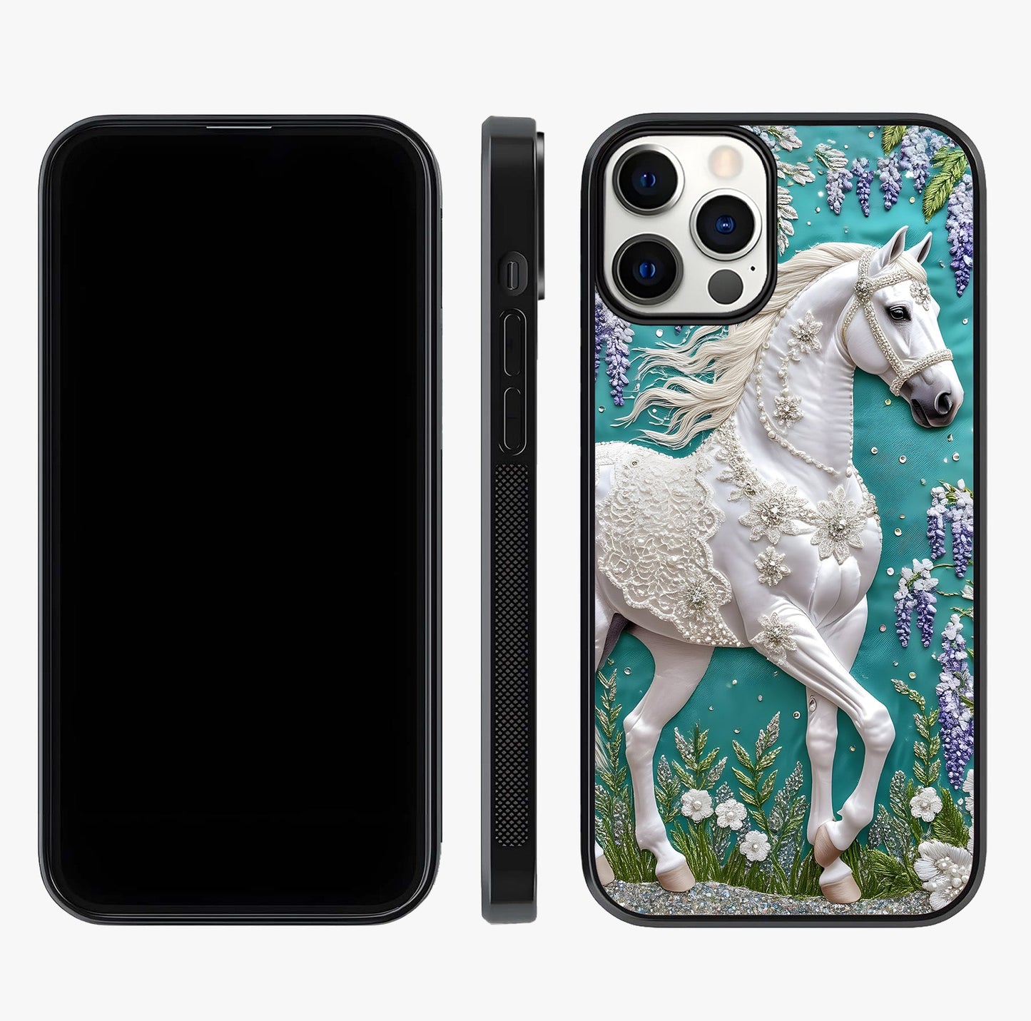 Majestic Floral Stallion Glass Case displayed upright for full design visibility and premium finish.