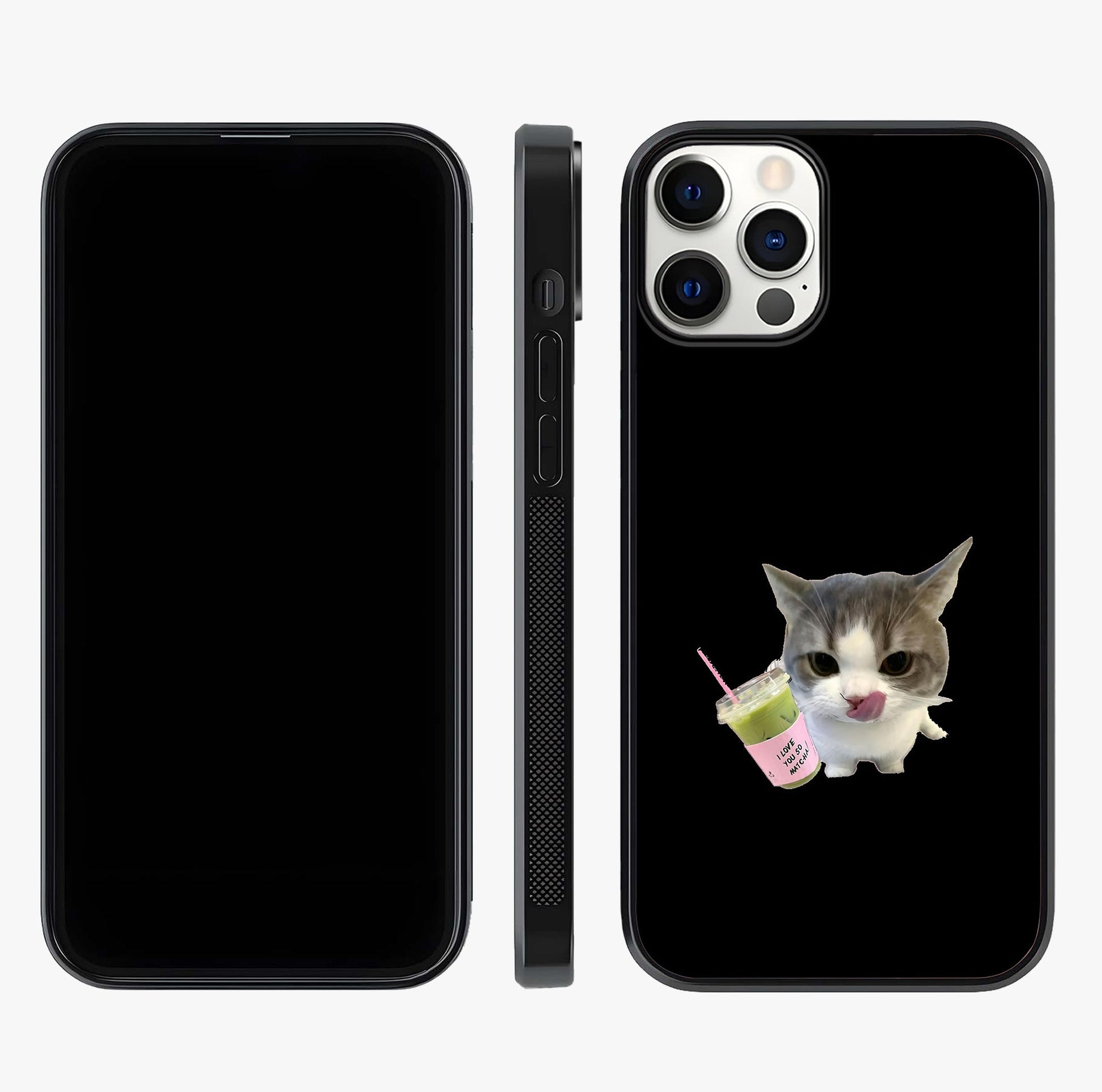 Matcha Cat Style Glass Case displayed upright for full design visibility and premium finish.