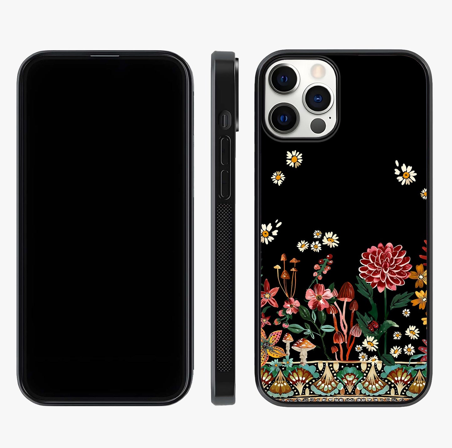 Midnight Bloom Pattern Glass Case displayed upright for full design visibility and premium finish.