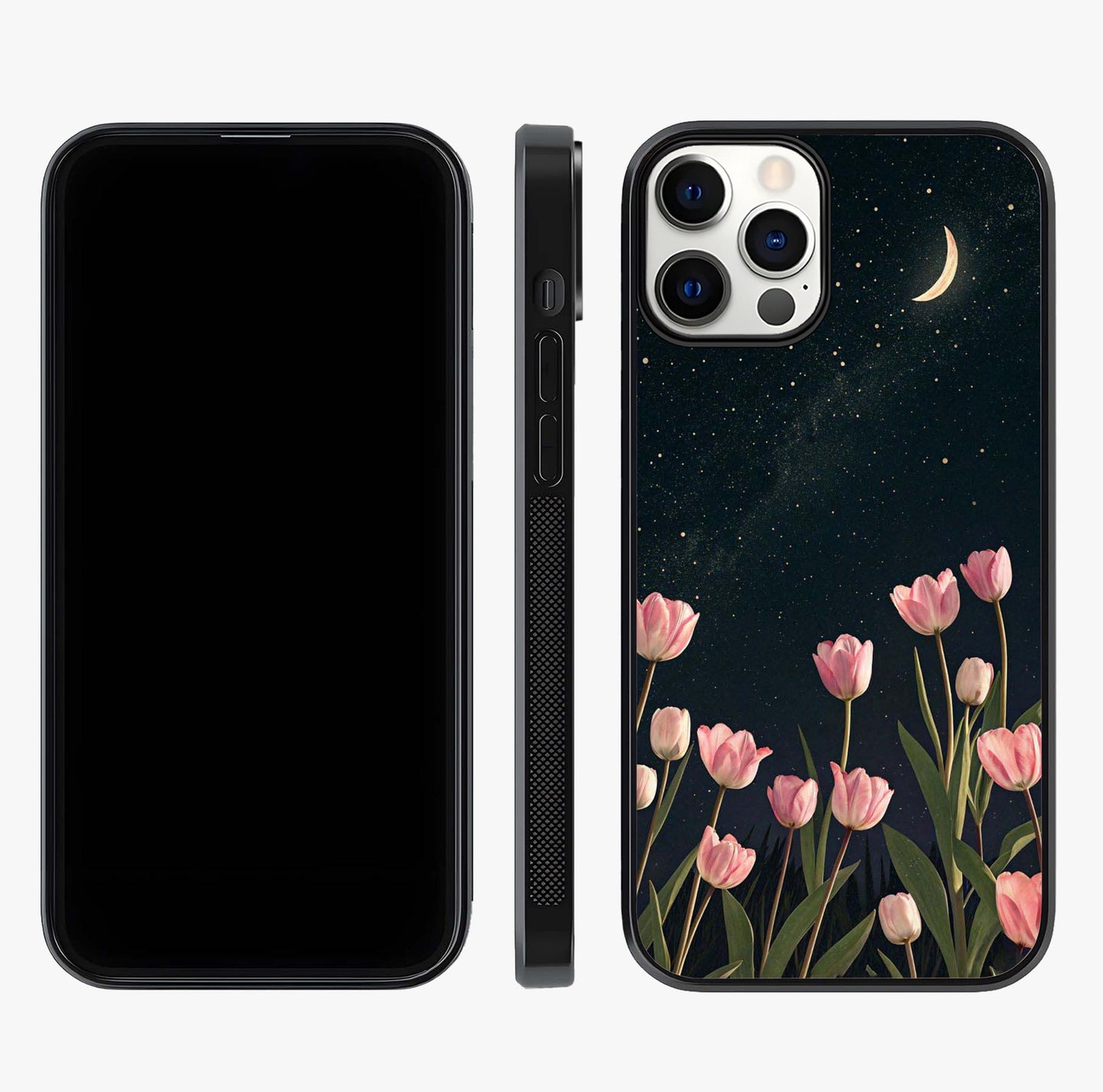 Midnight Tulip Whispers Vibe Glass Case displayed upright for full design visibility and premium finish.