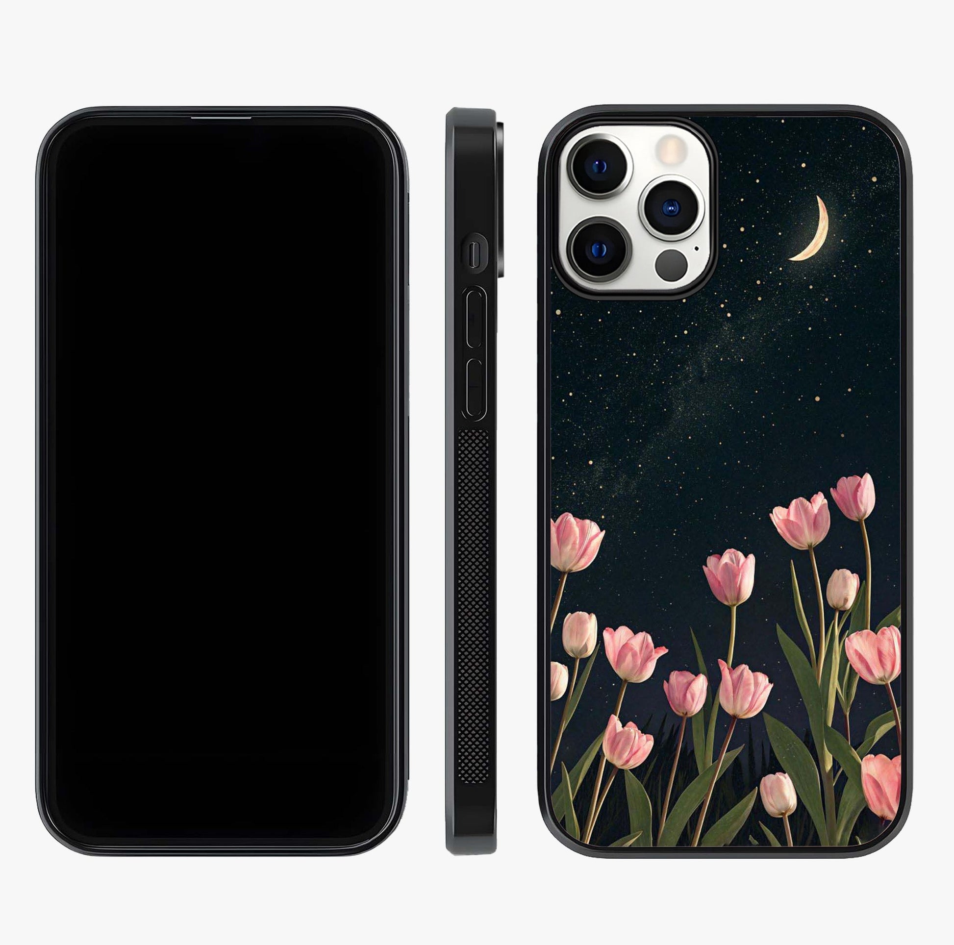 Midnight Tulip Whispers Vibe Glass Case displayed upright for full design visibility and premium finish.