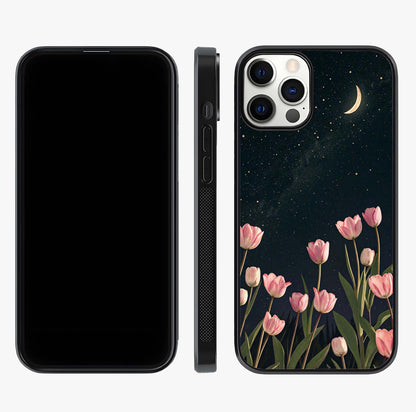Midnight Tulip Whispers Vibe Glass Case displayed upright for full design visibility and premium finish.