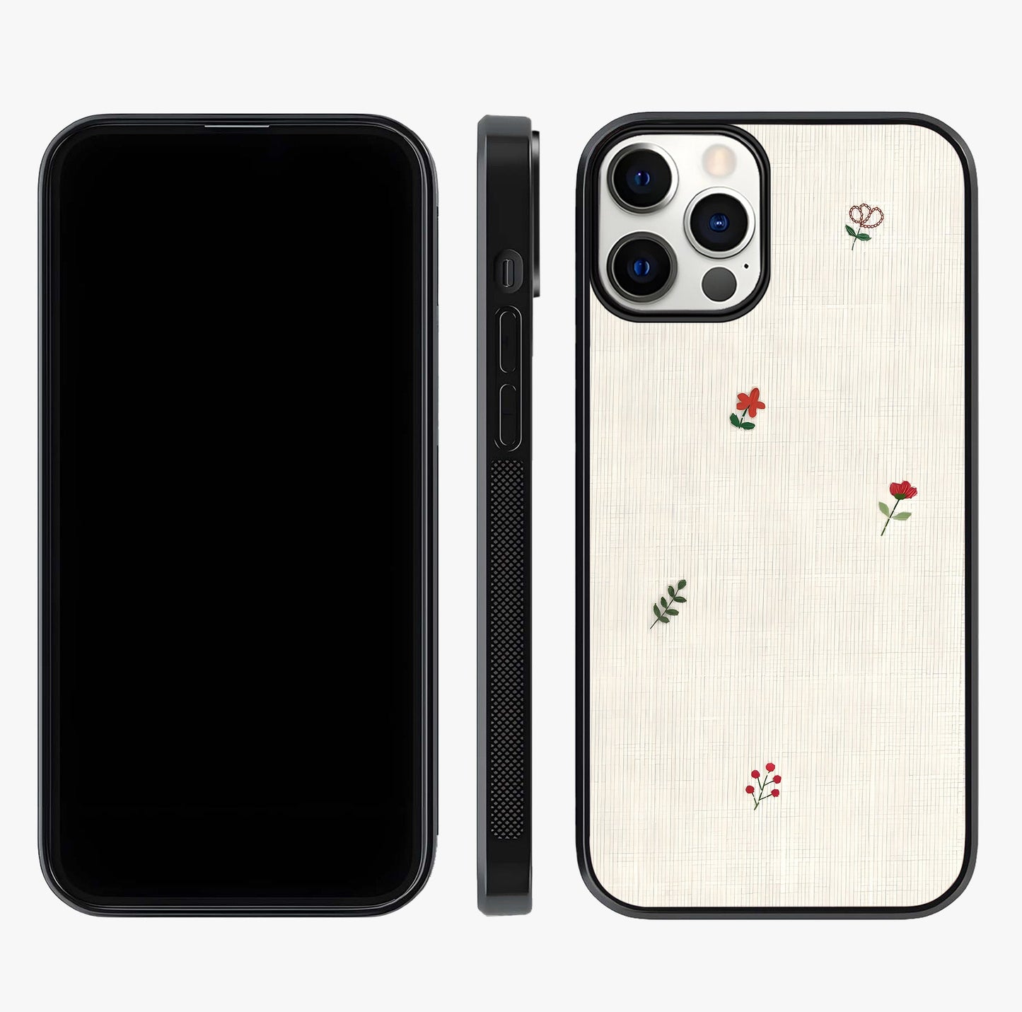 Minimal Petal Whispers Glass Case displayed upright for full design visibility and premium finish.