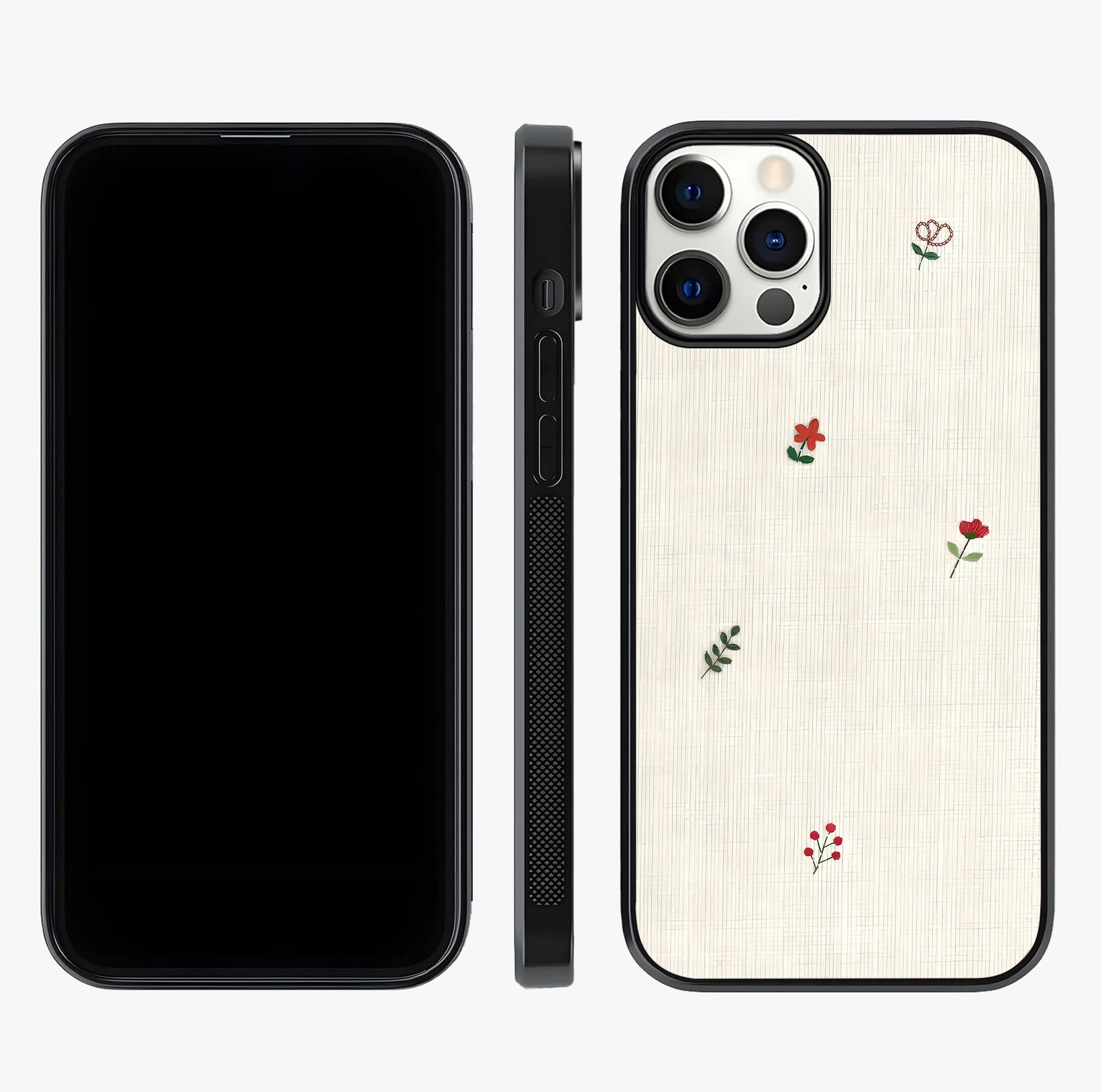 Minimal Petal Whispers Glass Case displayed upright for full design visibility and premium finish.