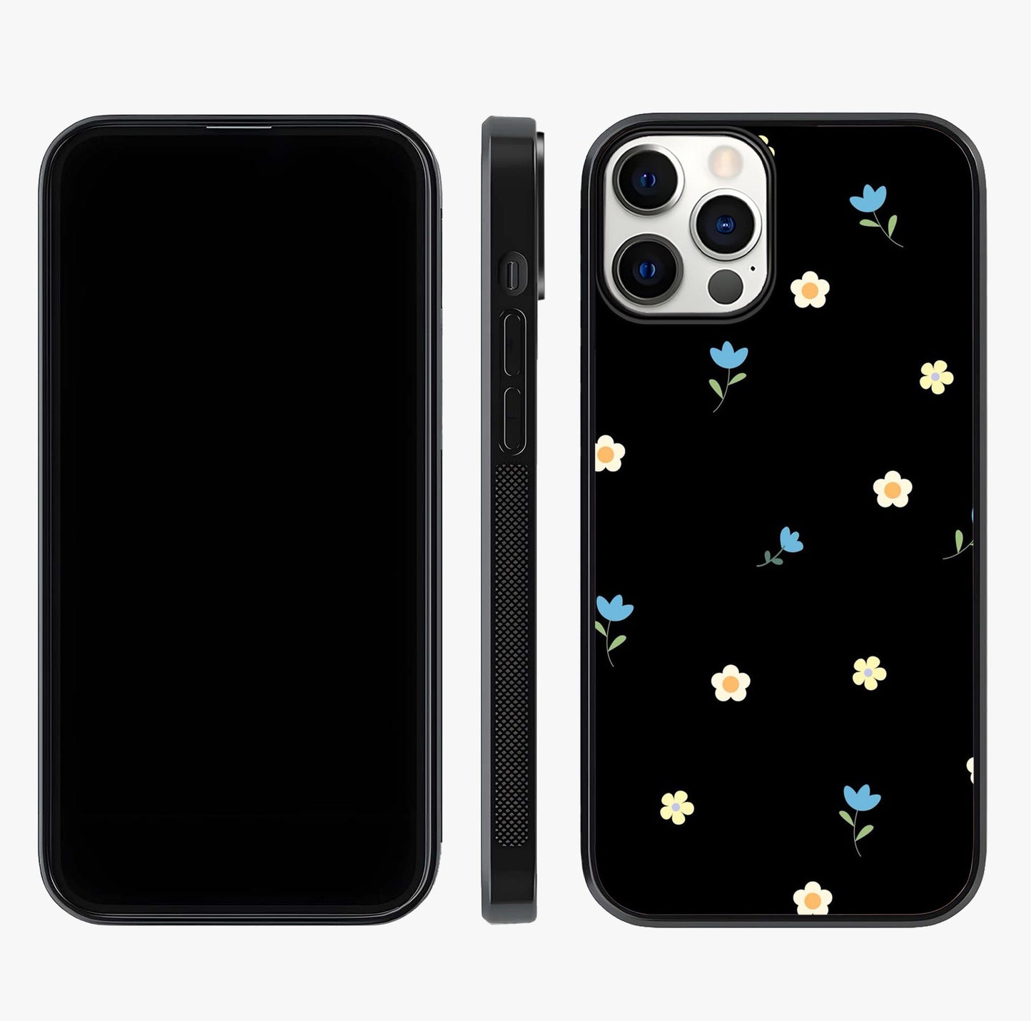 Minimalistic Blue With White Flower Pattern Glass Case displayed upright for full design visibility and premium finish.
