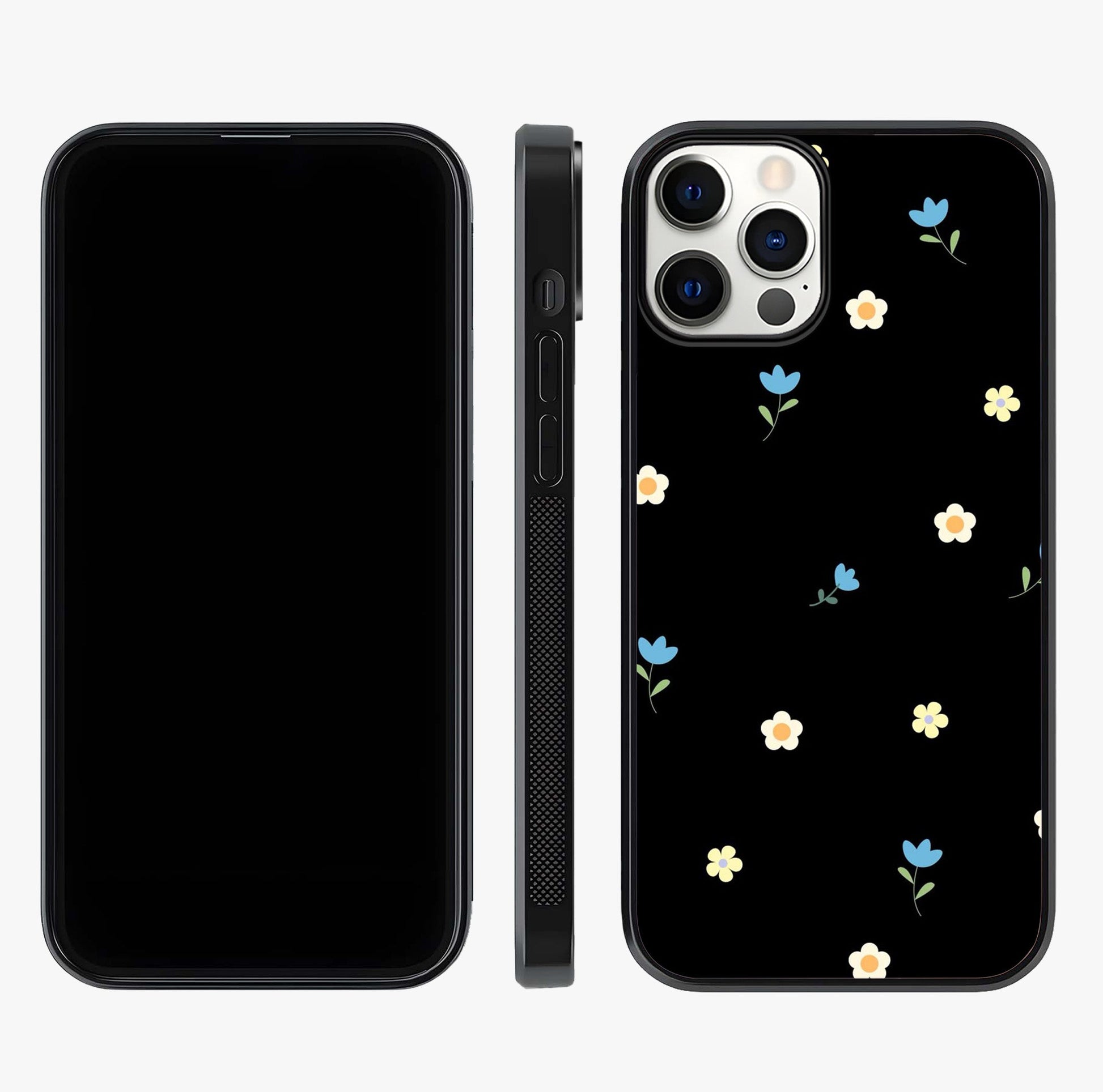Minimalistic Blue With White Flower Pattern Glass Case displayed upright for full design visibility and premium finish.