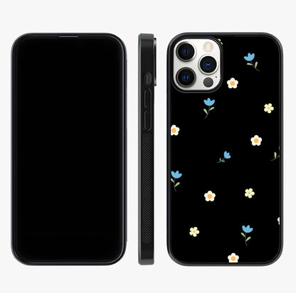Minimalistic Blue With White Flower Pattern Glass Case displayed upright for full design visibility and premium finish.