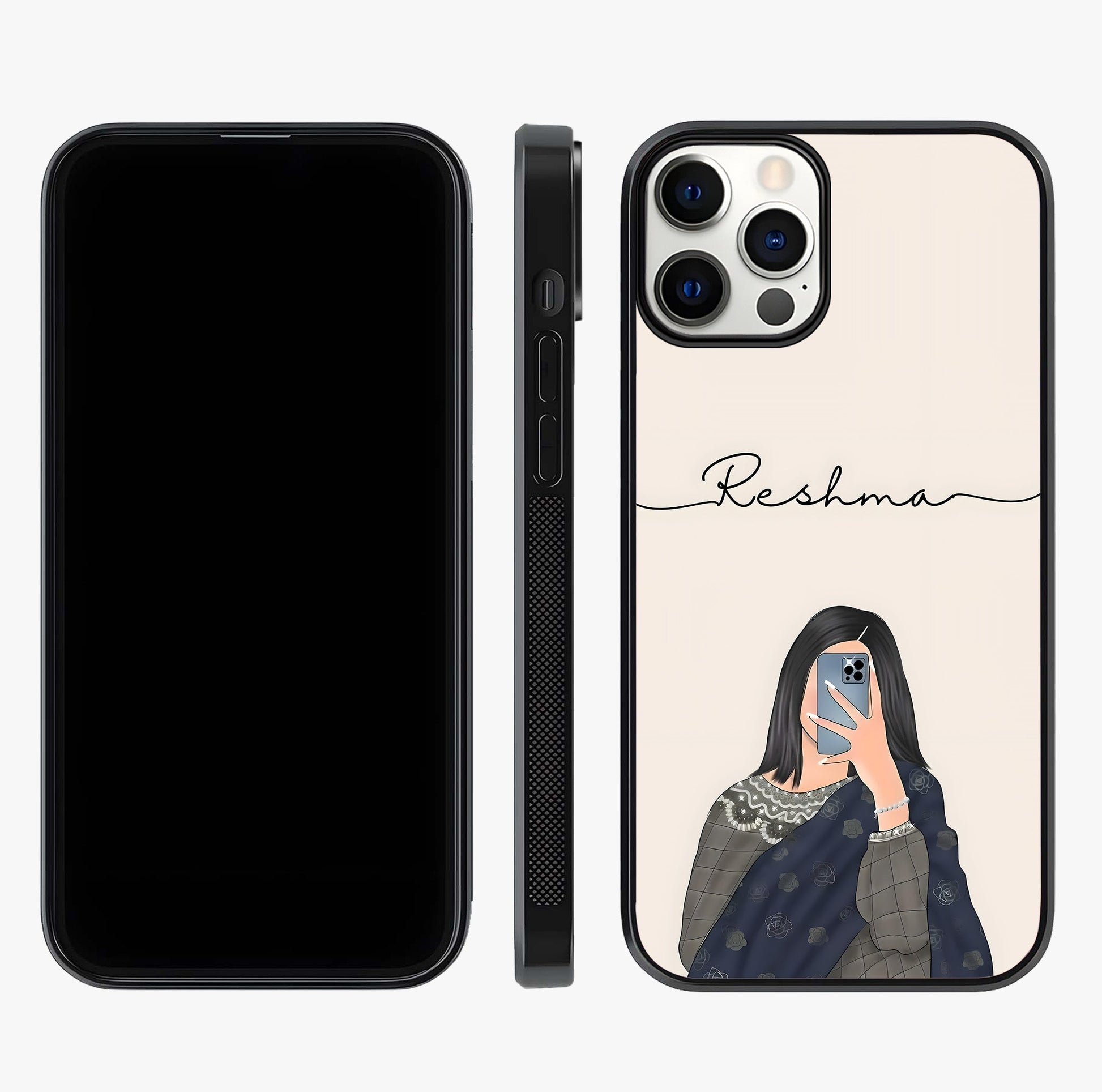 Mirror Mood Muse With Custom Name Glass Case displayed upright for full design visibility and premium finish.
