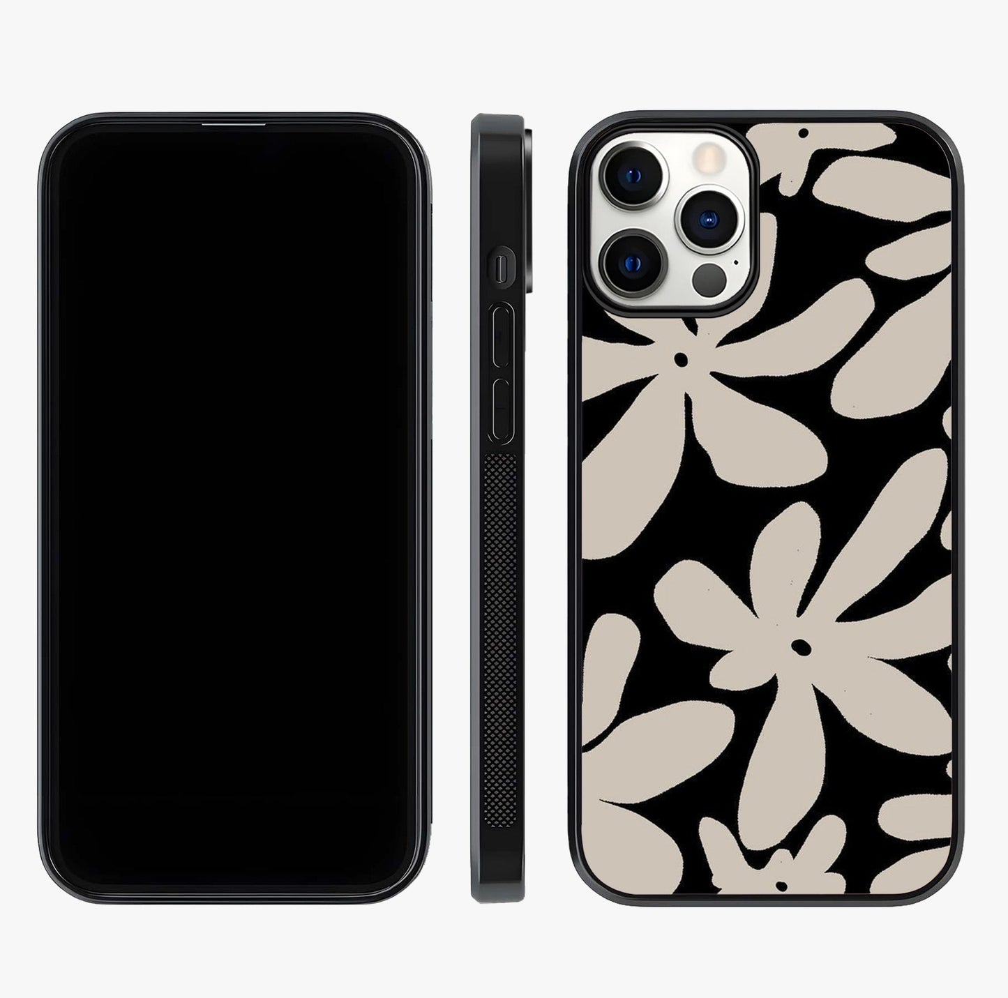 Monochrome Petal Dance Glass Case displayed upright for full design visibility and premium finish.