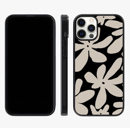 Monochrome Petal Dance Glass Case displayed upright for full design visibility and premium finish.