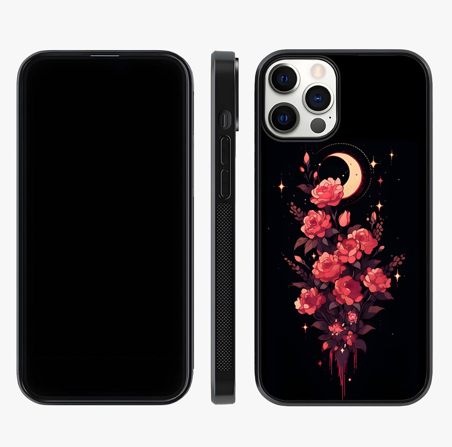 Moonlit Floral Elegance Glass Case displayed upright for full design visibility and premium finish.
