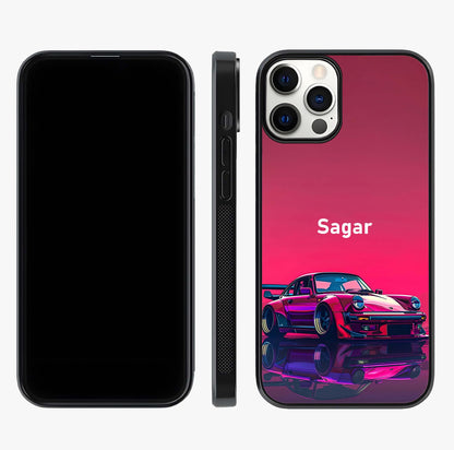 Neon Pink Porsche Glass Case displayed upright for full design visibility and premium finish.
