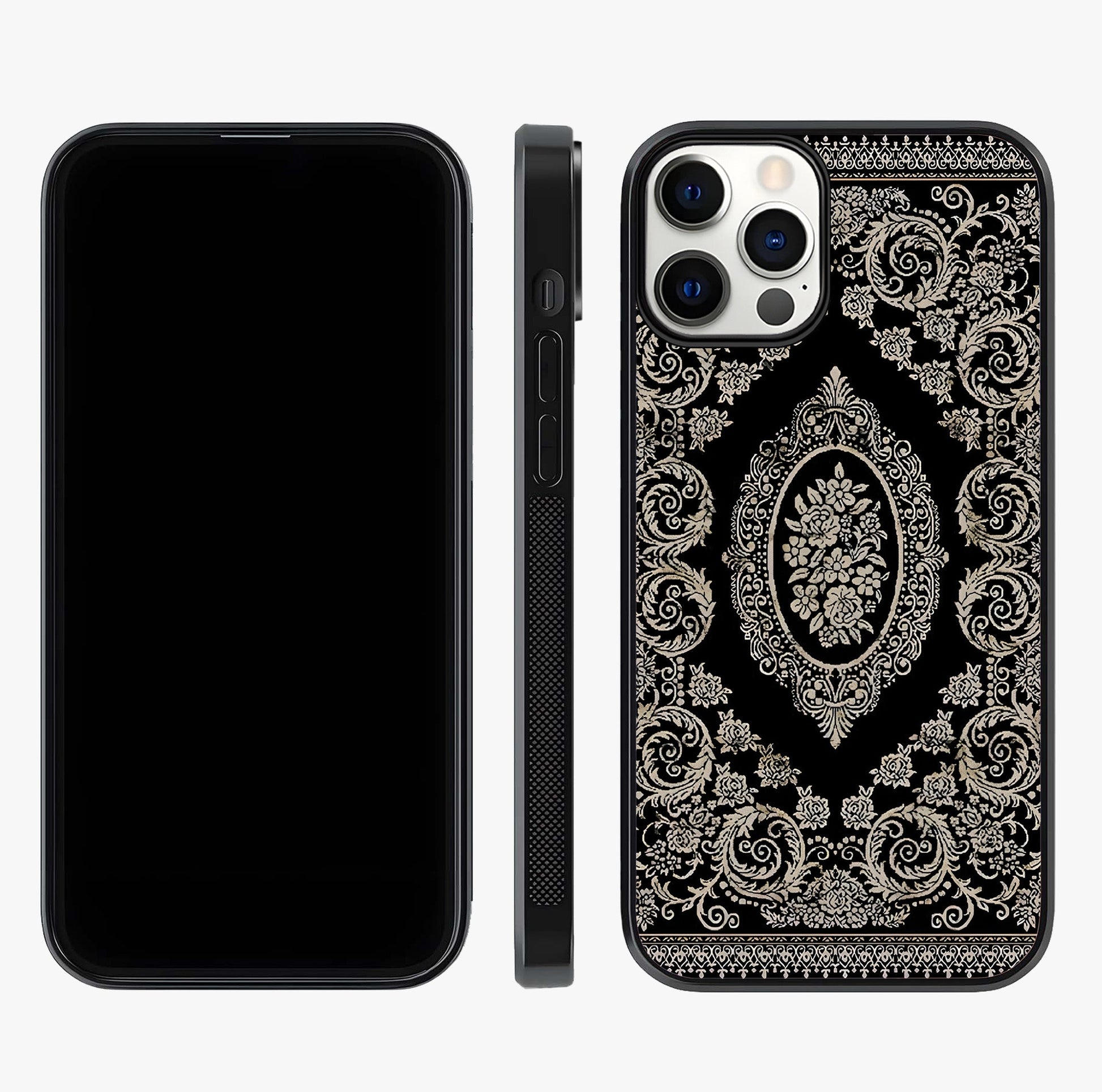 Noir Bloom Elegance Glass Case displayed upright for full design visibility and premium finish.