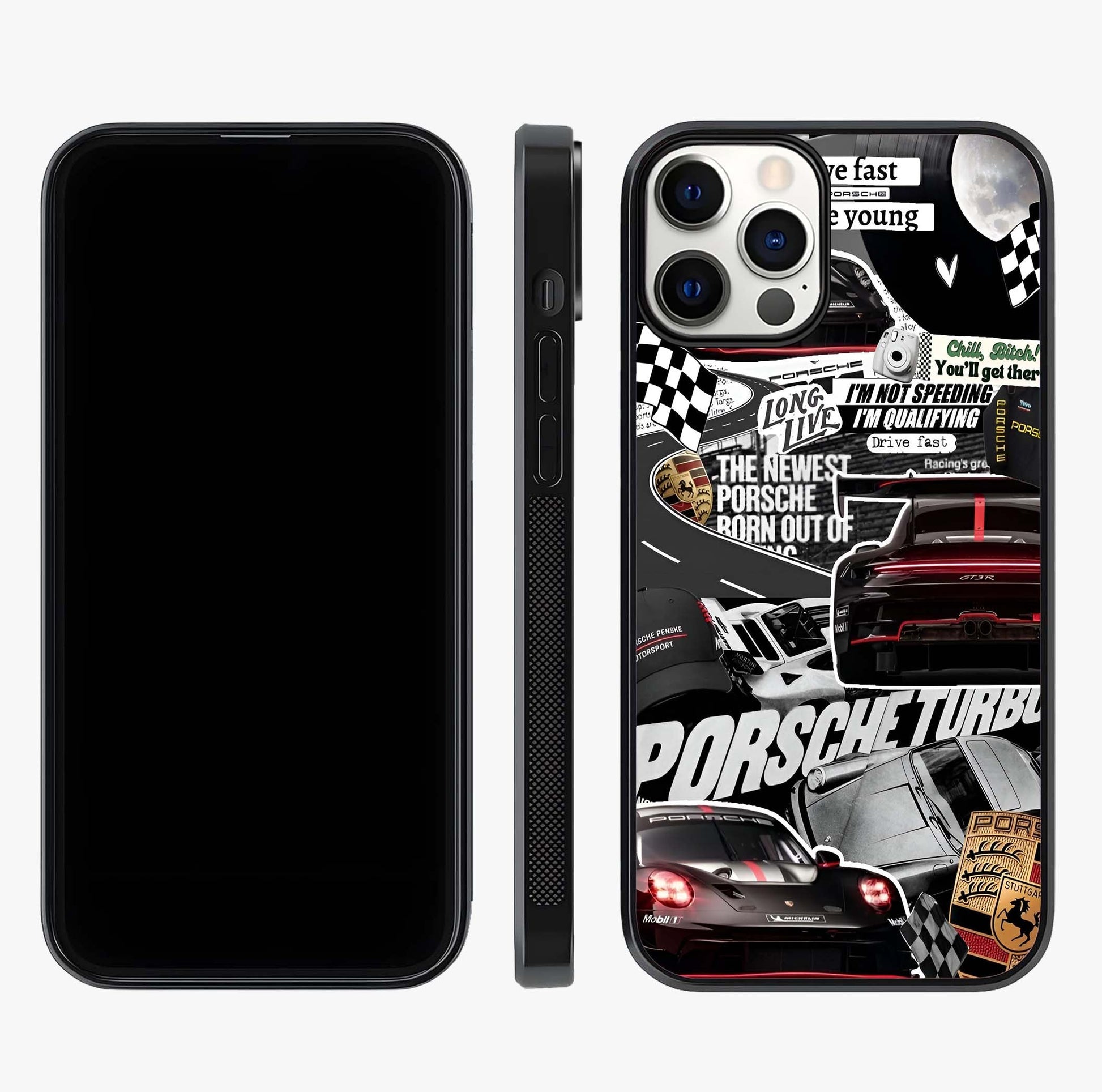 Porsche Racing Collage Glass Case displayed upright for full design visibility and premium finish.