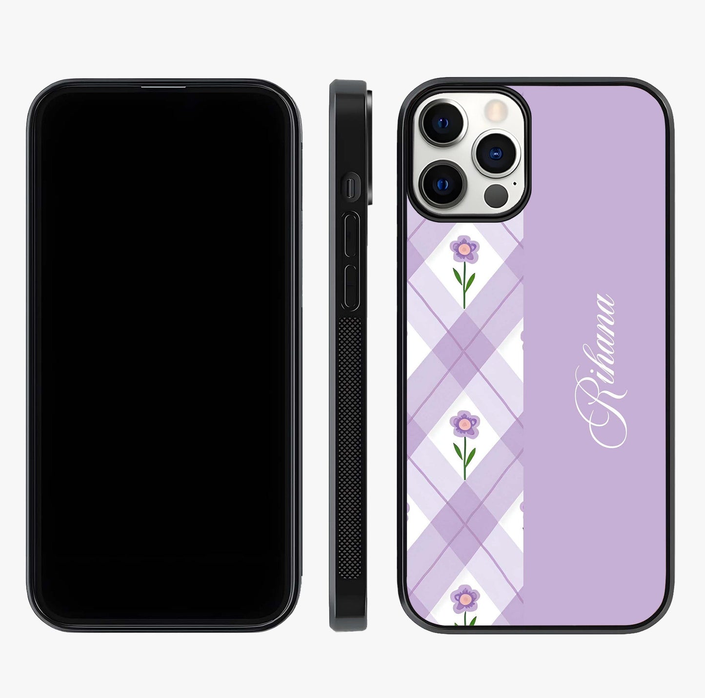 Purple Diamond Floral Glass Case displayed upright for full design visibility and premium finish.