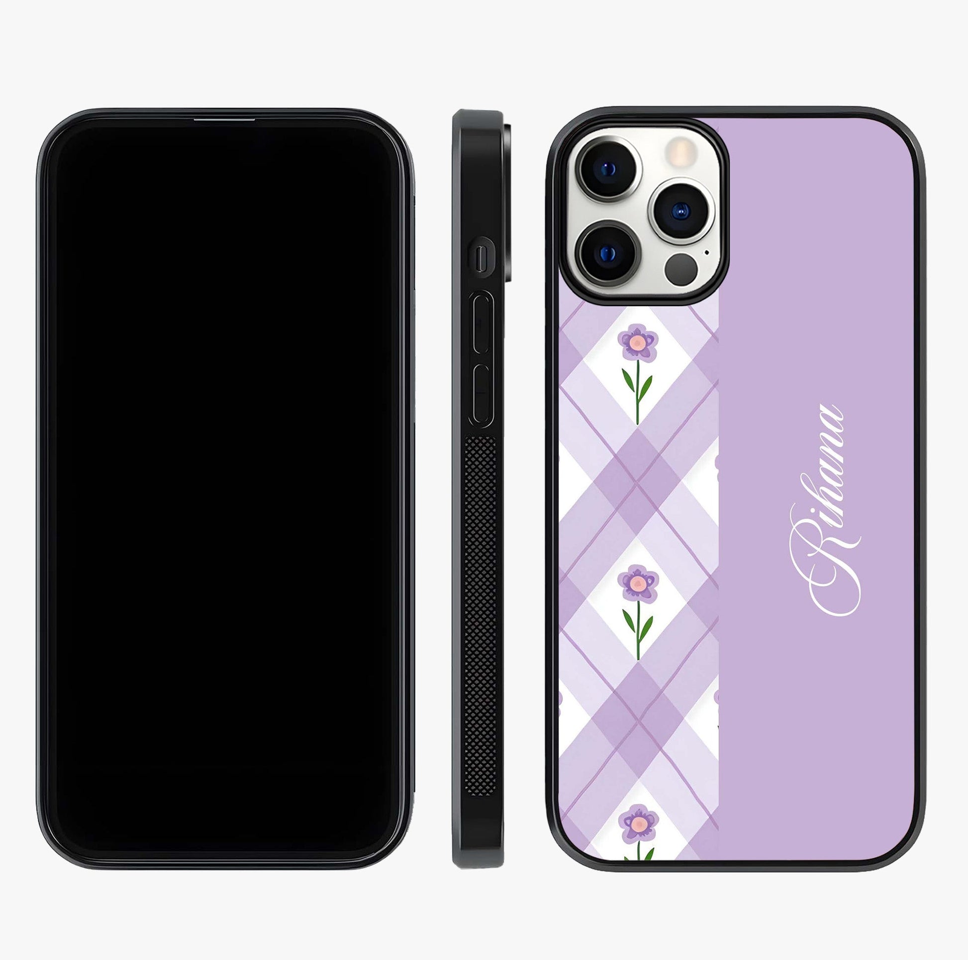 Purple Diamond Floral Glass Case displayed upright for full design visibility and premium finish.