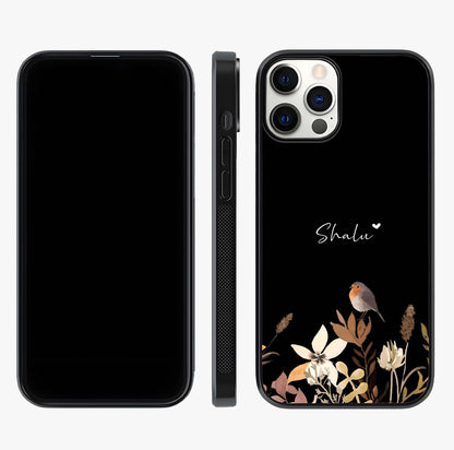 Quiet Garden Tune Custom Name Glass Case displayed upright for full design visibility and premium finish.