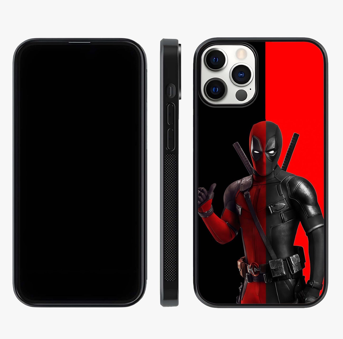 Red & Black Deadpool Theme Glass Case displayed upright for full design visibility and premium finish.