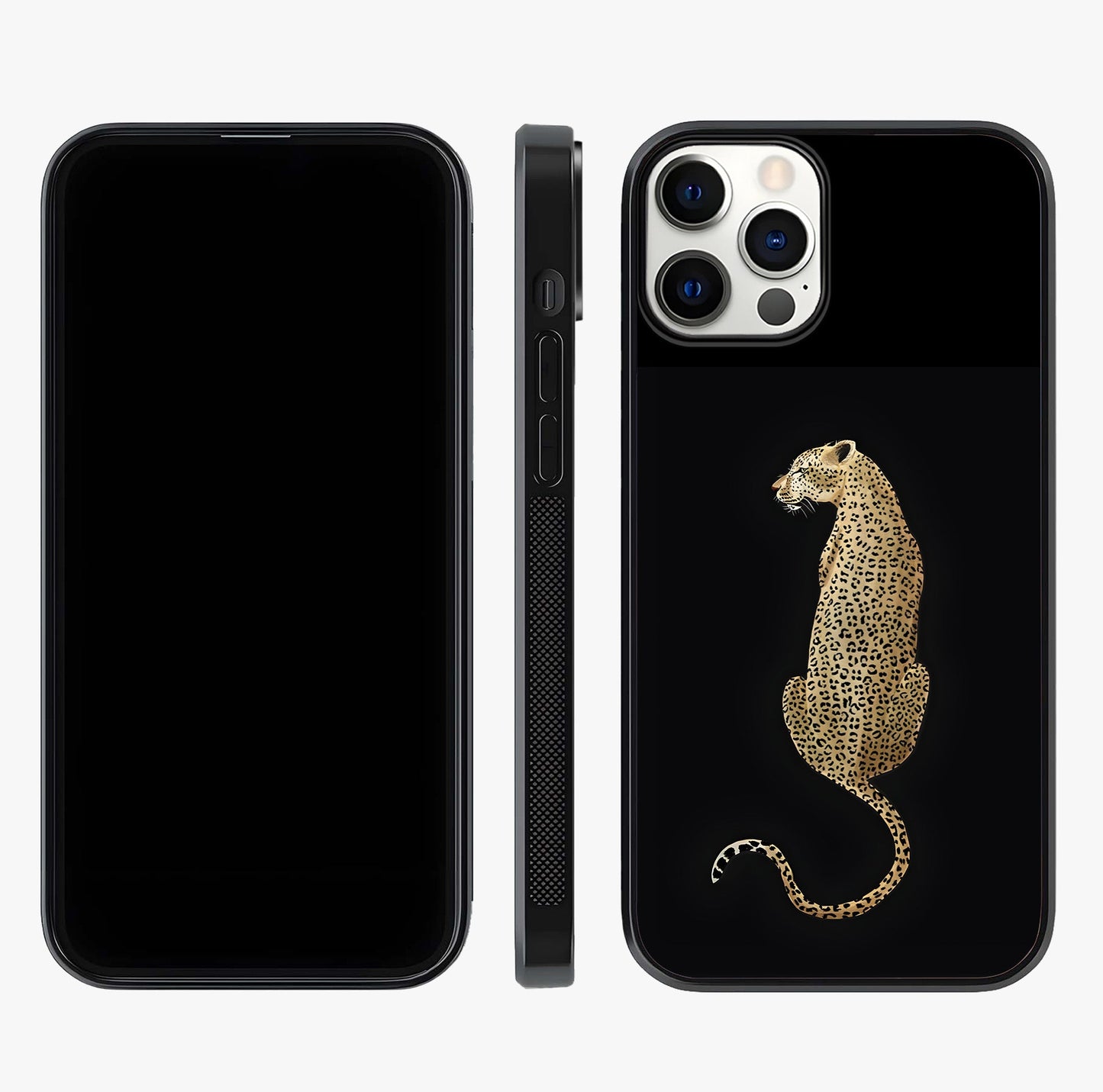Regal Leopard Glass Case displayed upright for full design visibility and premium finish.