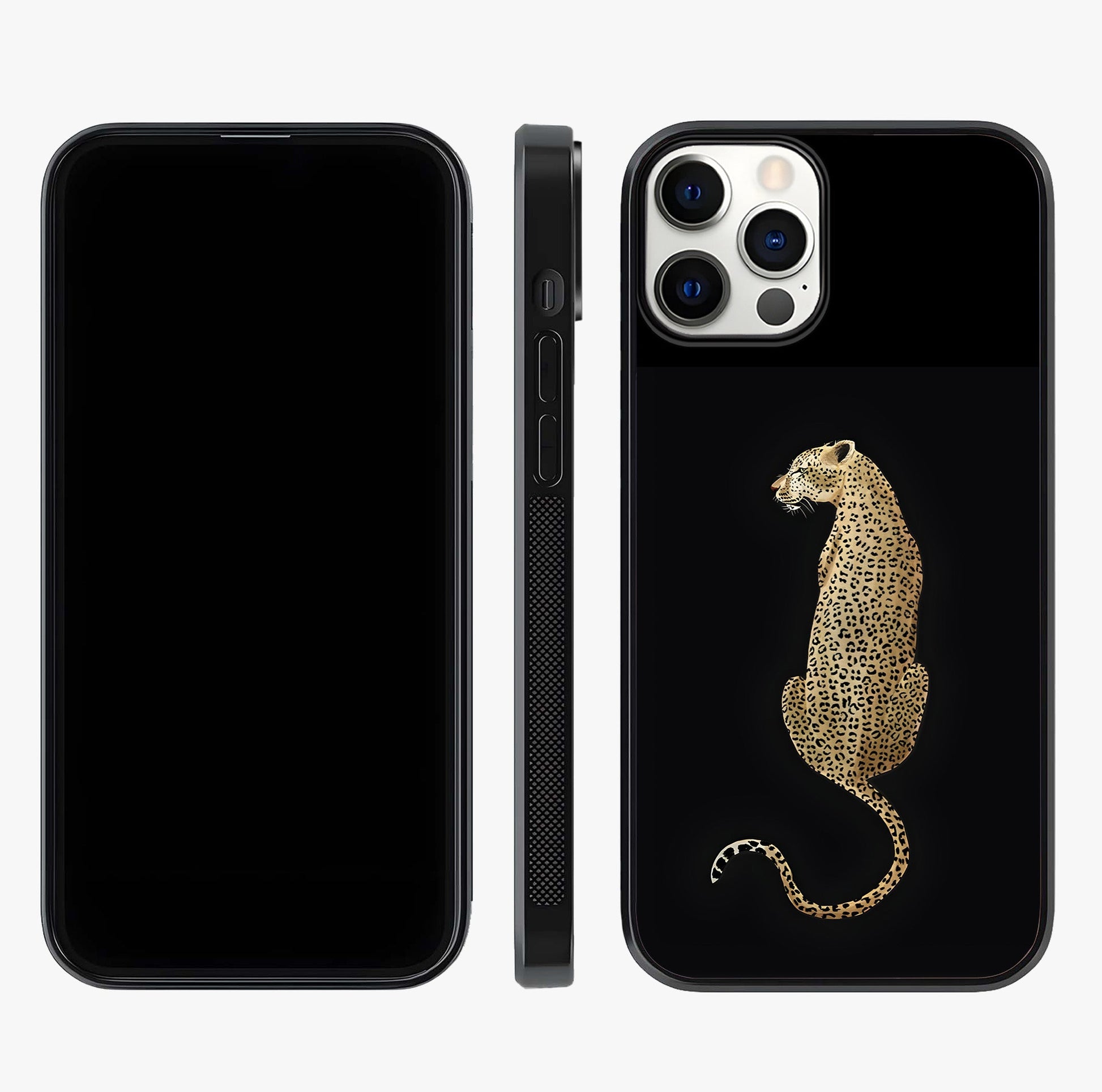 Regal Leopard Glass Case displayed upright for full design visibility and premium finish.