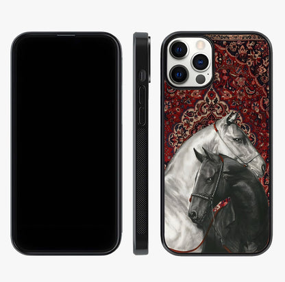 Regal Stallion Tapestry Glass Case displayed upright for full design visibility and premium finish.
