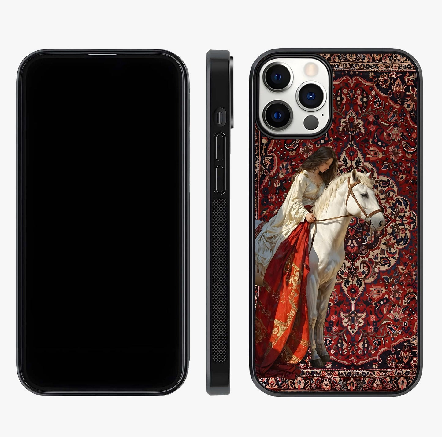 Royal Rider Tapestry Glass Case displayed upright for full design visibility and premium finish.