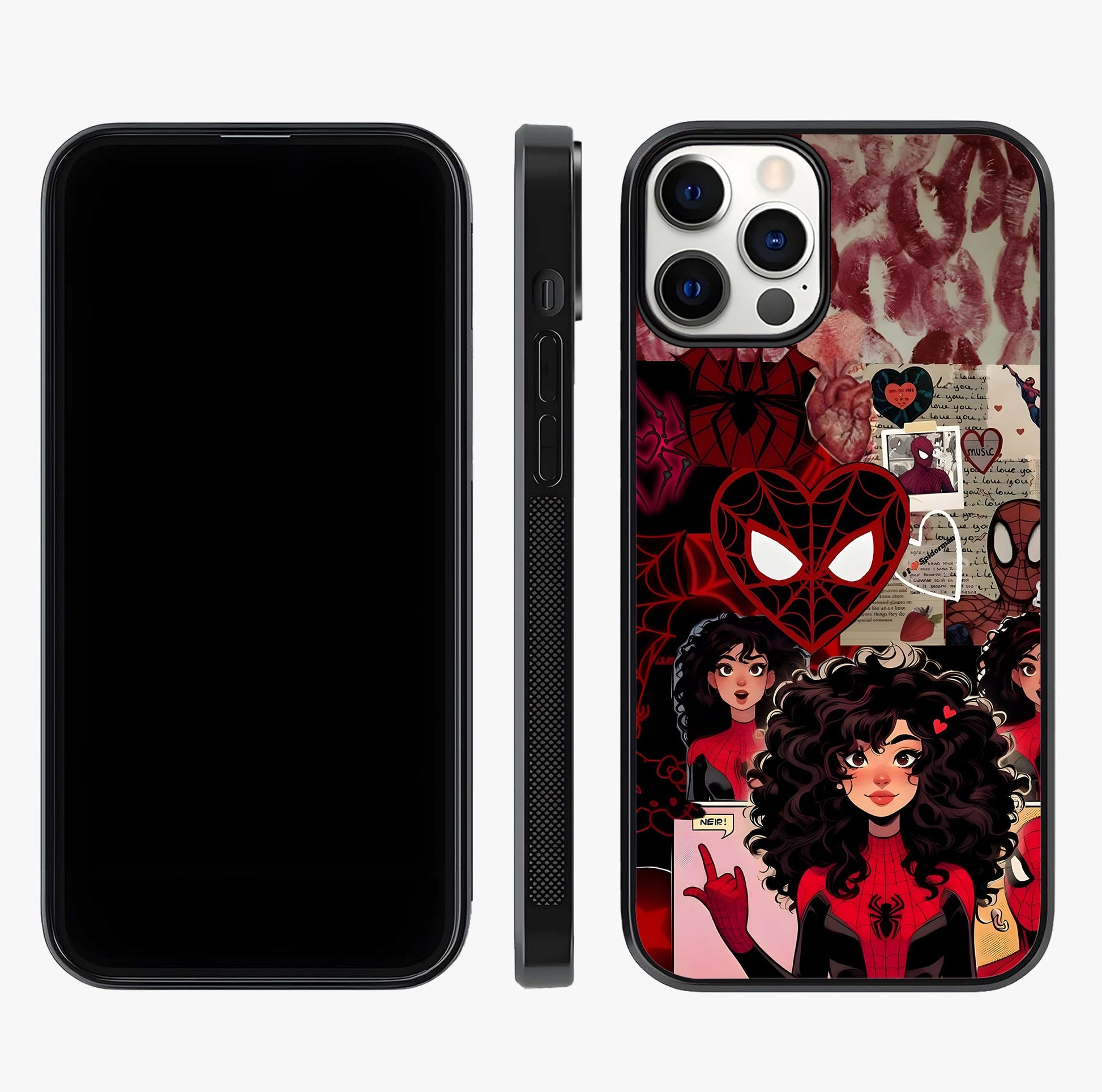 Spider Love Story Glass Case displayed upright for full design visibility and premium finish.